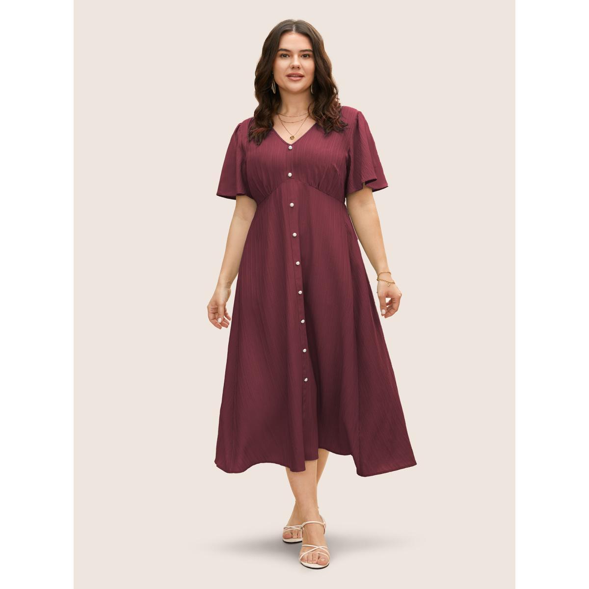 Plus Size V Neck Button Detail Flutter Sleeve Dress Burgundy Women Elegant Texture V-neck Short sleeve Curvy BloomChic 28/5X Product Image