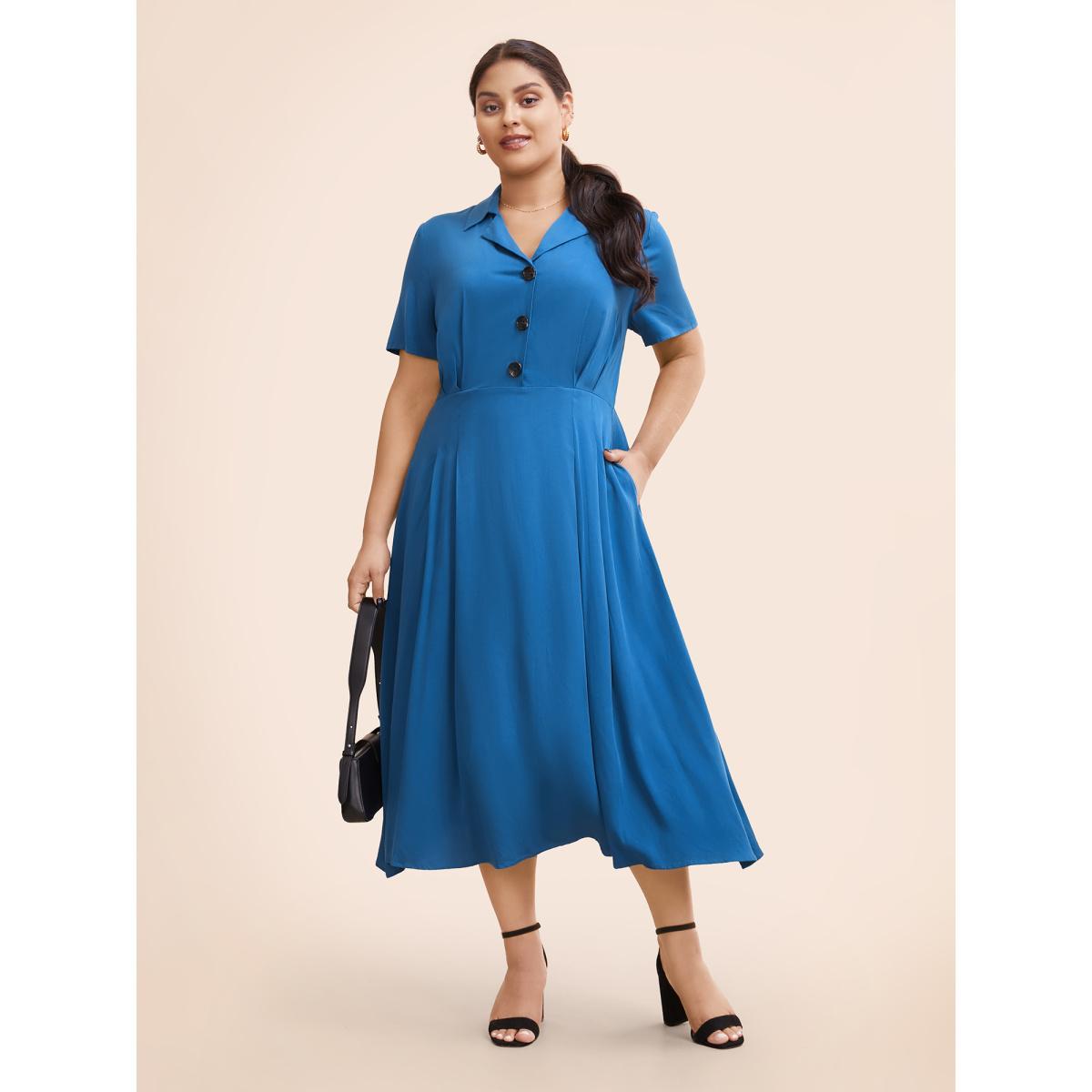 Plus Size Plain Shirt Collar Pleated Midi Dress Mediumblue Women At the Office Pleated Shirt collar Short sleeve Curvy BloomChic 10/M Product Image