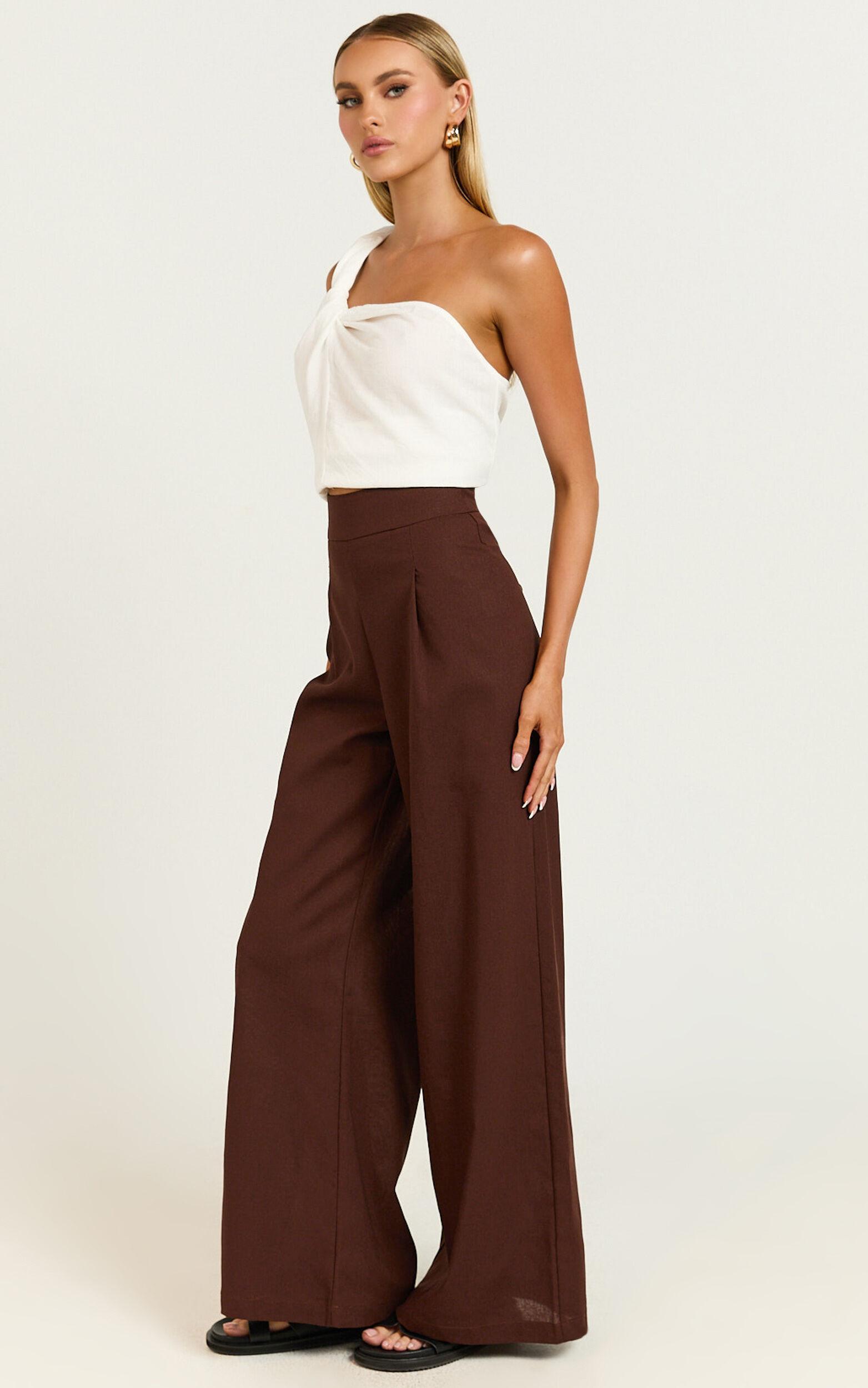 Alina Pants - Linen High Waisted Wide Leg Relaxed Pants in Chocolate Product Image