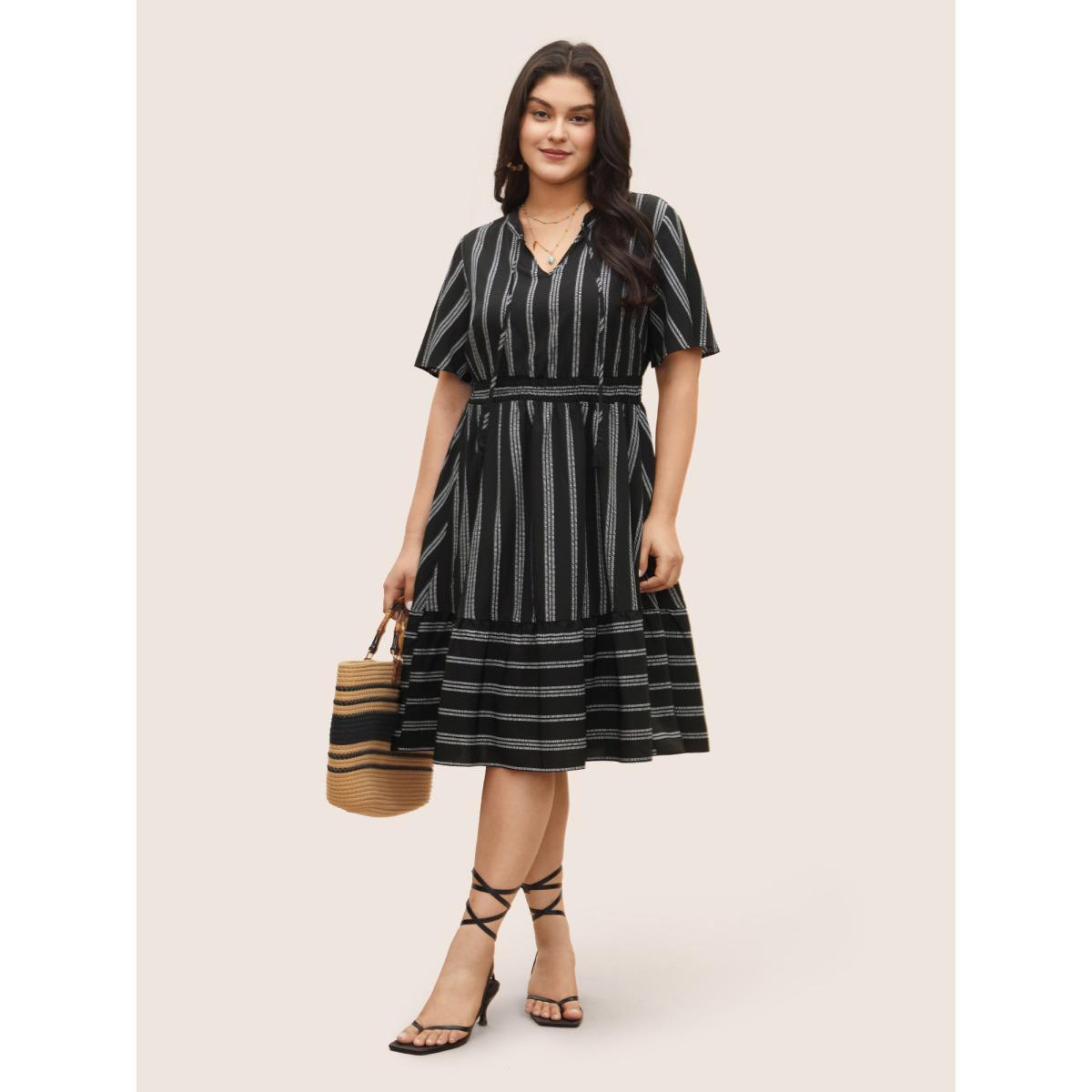 Plus Size Striped Patchwork Tassels Ties Shirred Dress Black Women Boho Non V-neck Short sleeve Curvy Midi Dress BloomChic 14-16/1X Product Image