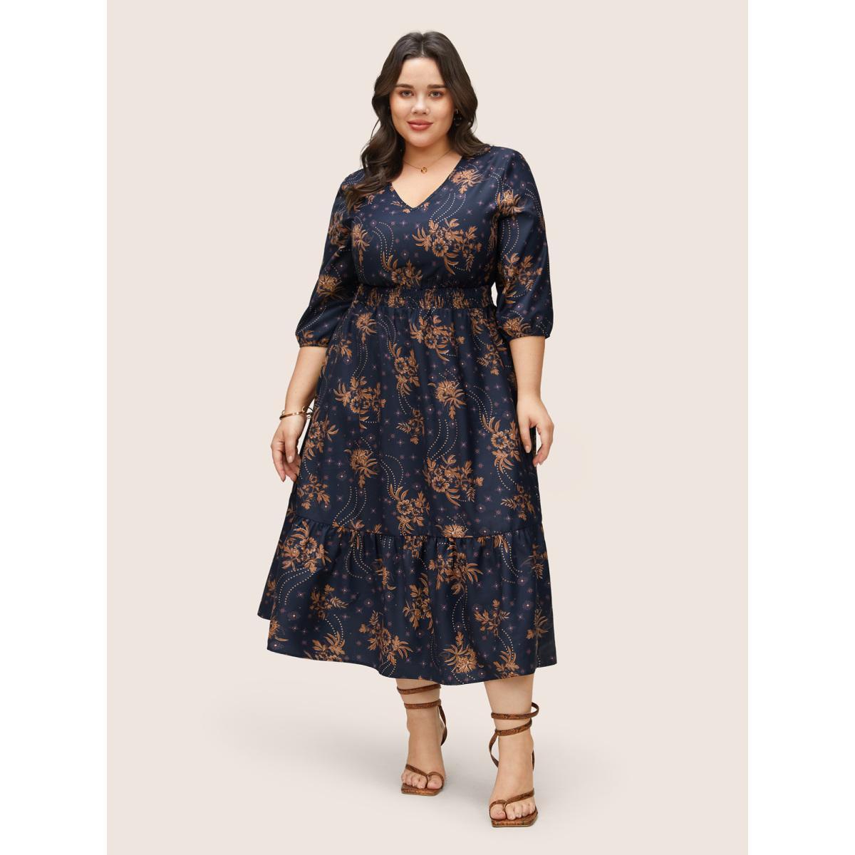 Plus Size Floral Print Gathered Ruffle Hem Shirred Dress DarkBlue Women Elegant Non V-neck Elbow-length sleeve Curvy Midi Dress BloomChic 14-16/1X Product Image
