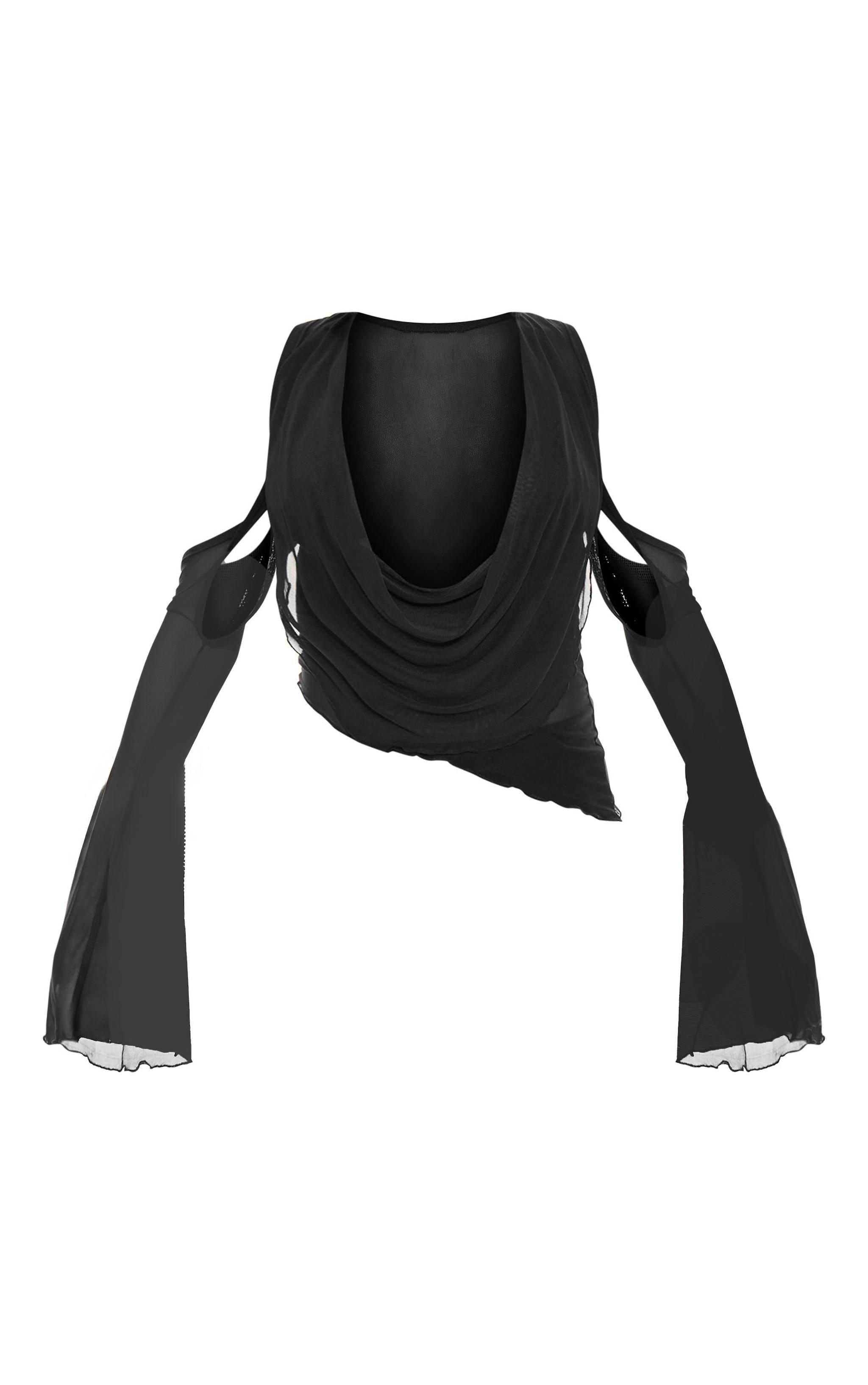 Black Mesh Cowl Neck Sleeve Detail Top Product Image