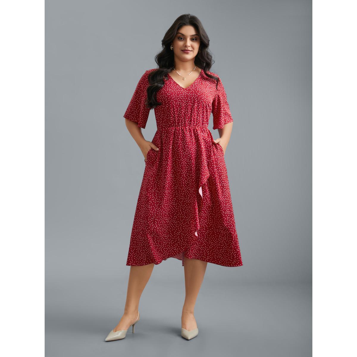 Plus Size V Neck Polka Dot Ruffle Trim Dress Scarlet Women Elegant Overlapping V-neck Half Sleeve Curvy BloomChic 28/5X Product Image