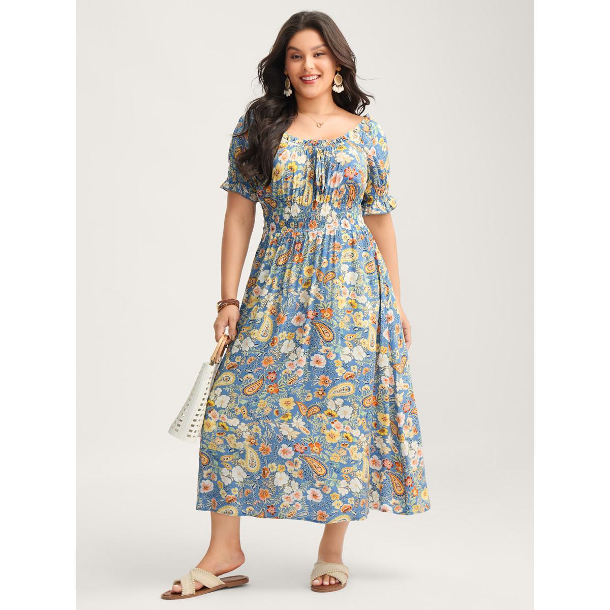 Plus Size Rayon Paisley Ruffled Shirred Waist Midi Dress Skyblue Women Boho Square Neck Short sleeve Curvy BloomChic 22-24/3X Product Image