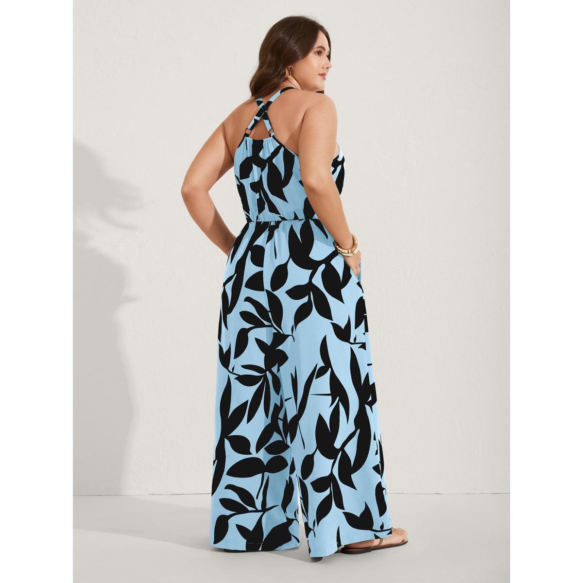 Plus Size LightBlue Silhouette Floral Print Sweetheart Jumpsuit Women Resort Sleeveless V-neck Vacation Loose Jumpsuits BloomChic 26/4X Product Image