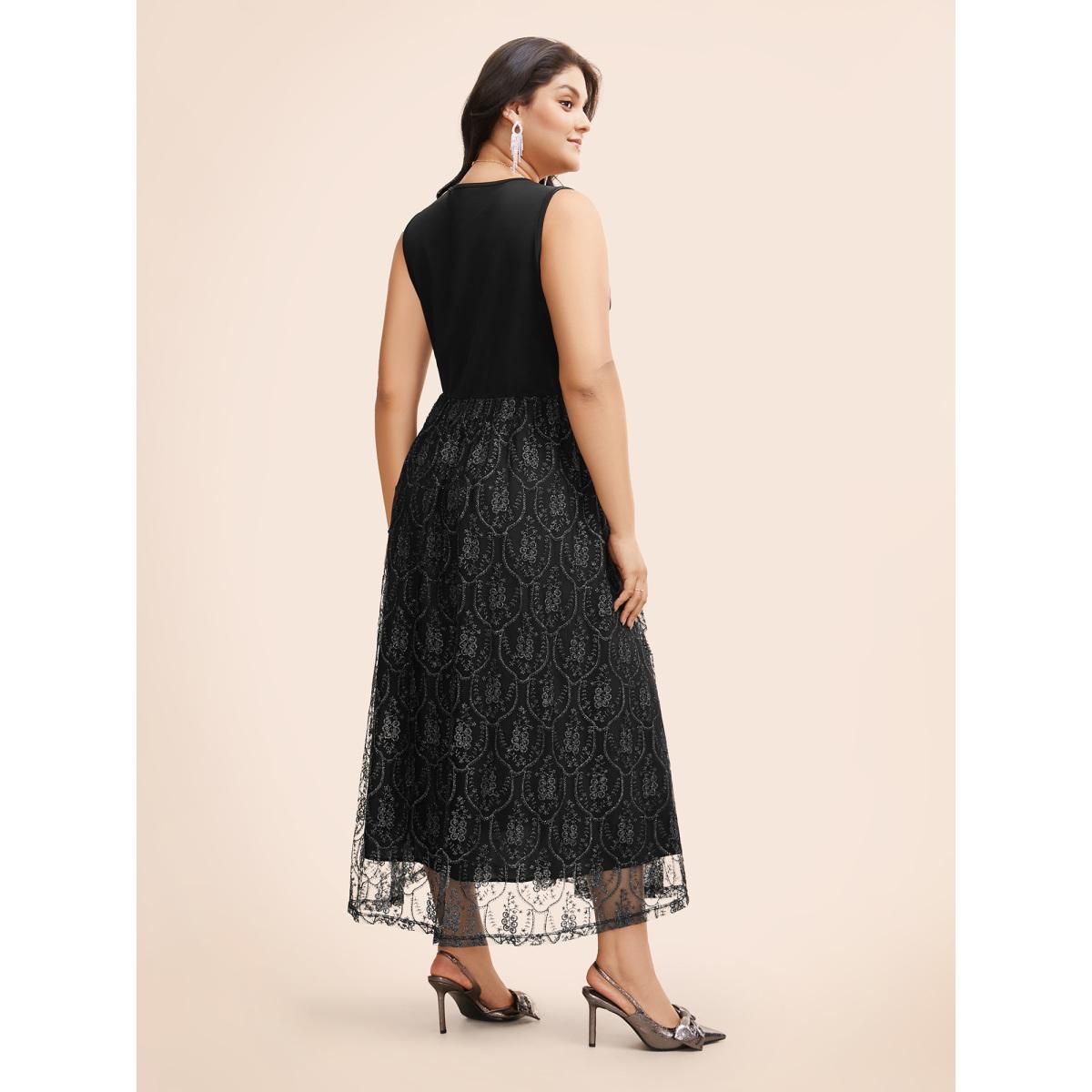 Plus Size Embroidered Mesh Patchwork Sleeveless Dress Black Women Formal Texture Overlap Collar Sleeveless Curvy BloomChic 22-24/3X Product Image