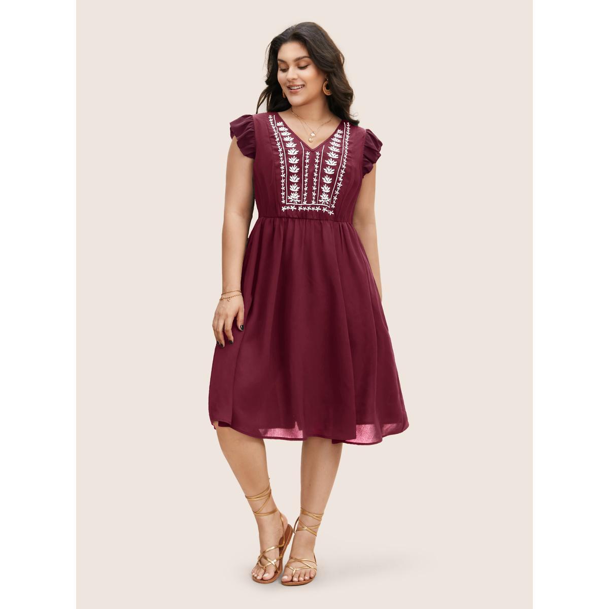 Plus Size Floral Embroidered V Neck Ruffle Cap Sleeve Dress RedViolet Women Boho Embroidered V-neck Cap Sleeve Curvy BloomChic 14-16/1X Product Image