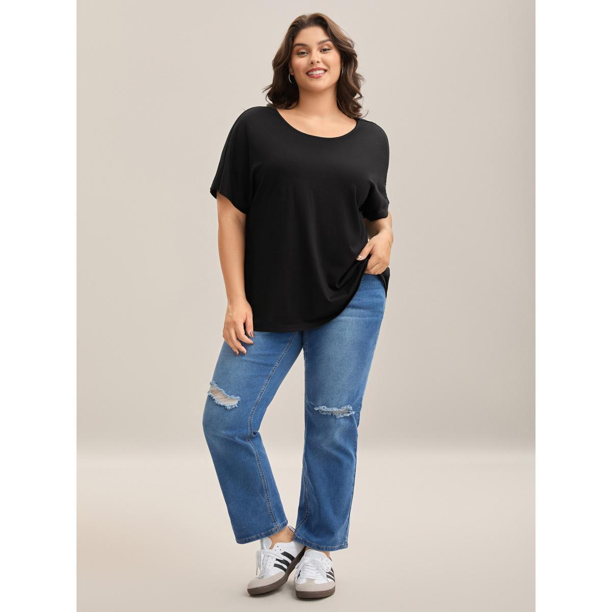 Plus Size Backless Knotted Plain T-Shirt Black Women Leisure Twist Round Neck Casual T-shirts BloomChic 26/4X Product Image