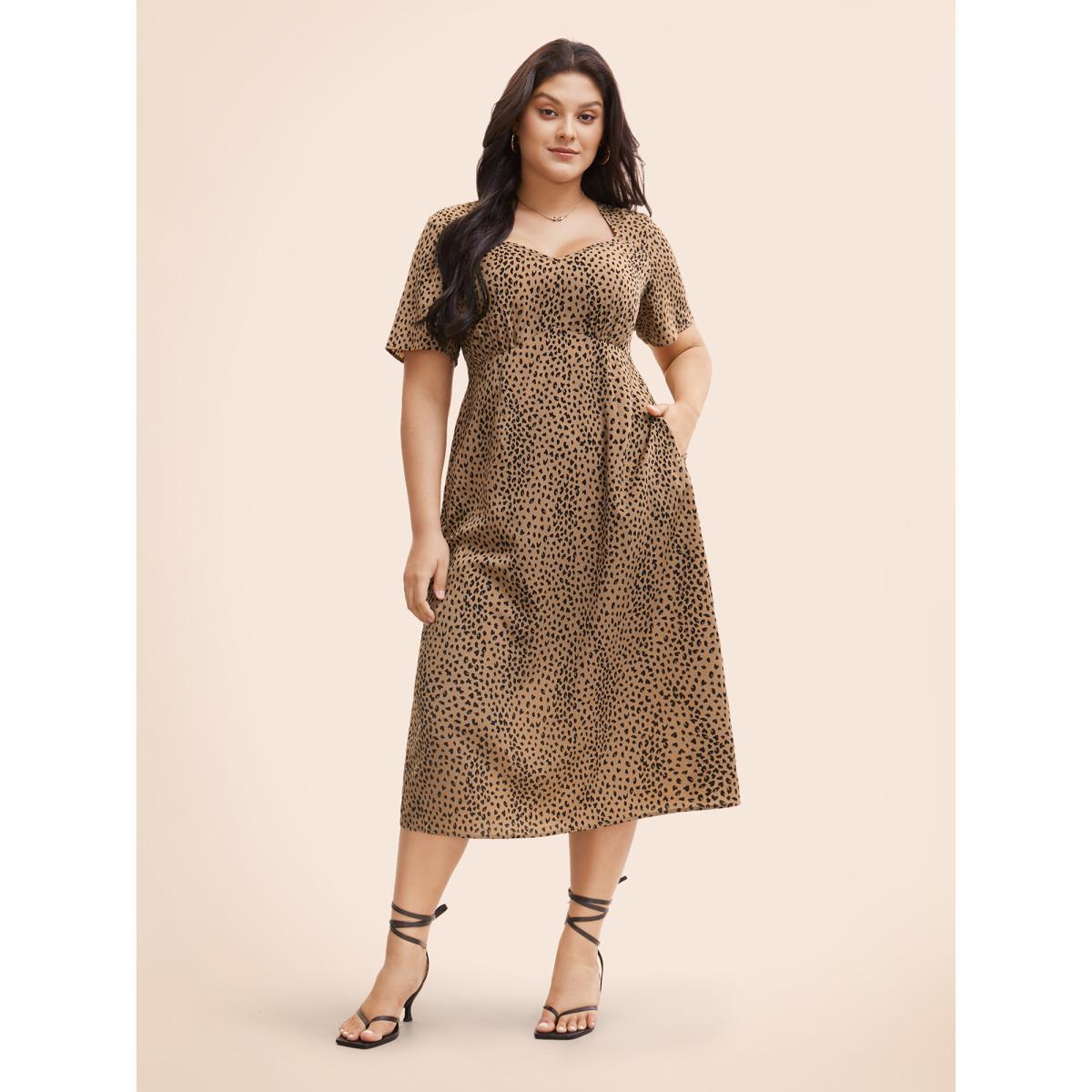 Plus Size Leopard Print Heart Neckline Split Side Dress Bronze Women Elegant Gathered Heart neckline Short sleeve Curvy BloomChic 30/6X Product Image