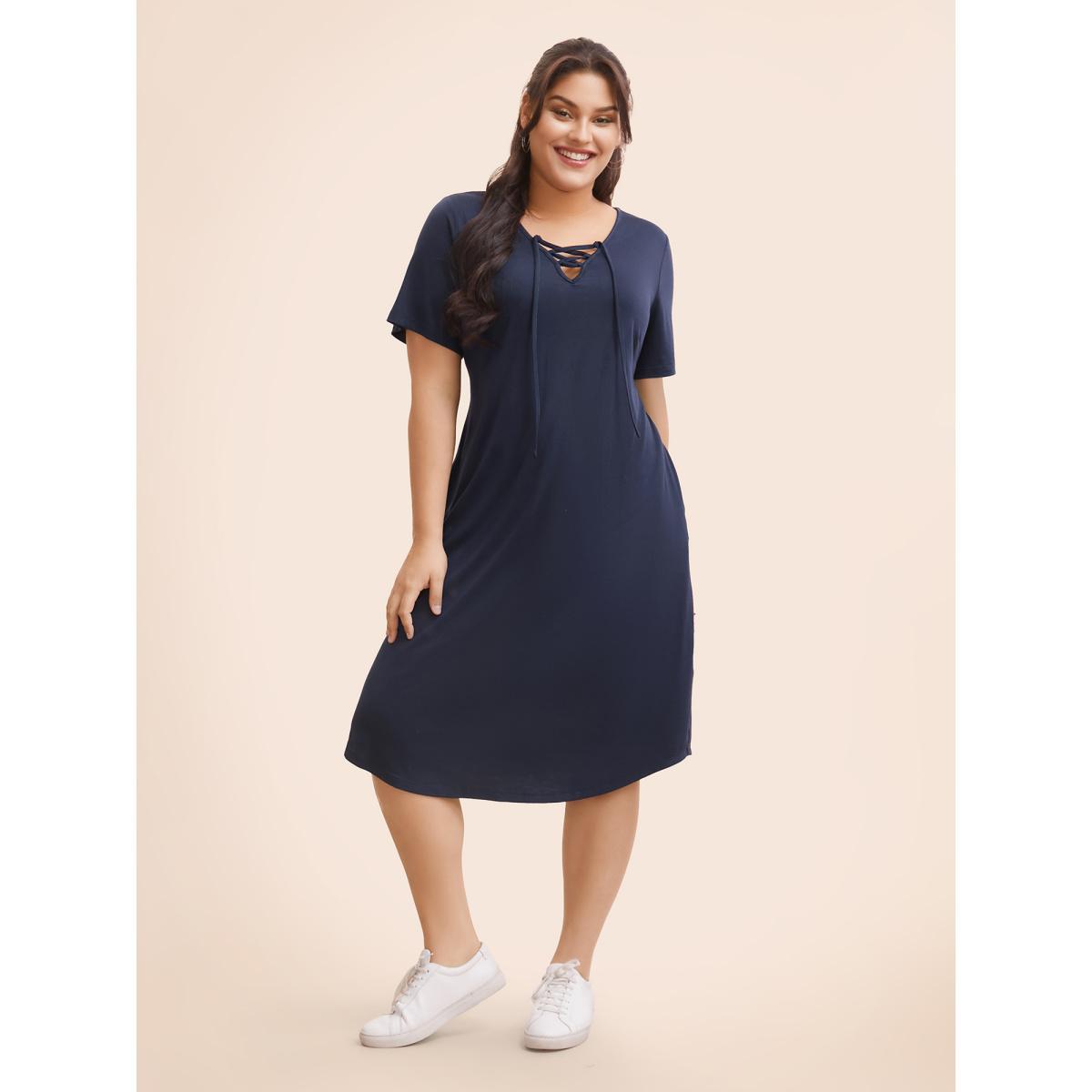 Plus Size Solid Lace Up Pocket Midi Dress Indigo Women Casual Wraparound straps V-neck Short sleeve Curvy BloomChic 12/L Product Image