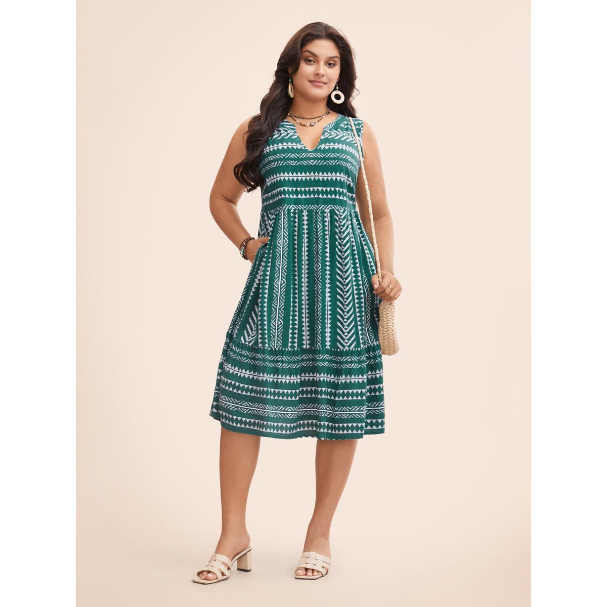 Plus Size Striped Geometric Pocket Ruffle Hem Sleeveless Tank Dress DarkGreen Women Casual Non V-neck Sleeveless Curvy BloomChic 26/4X Product Image