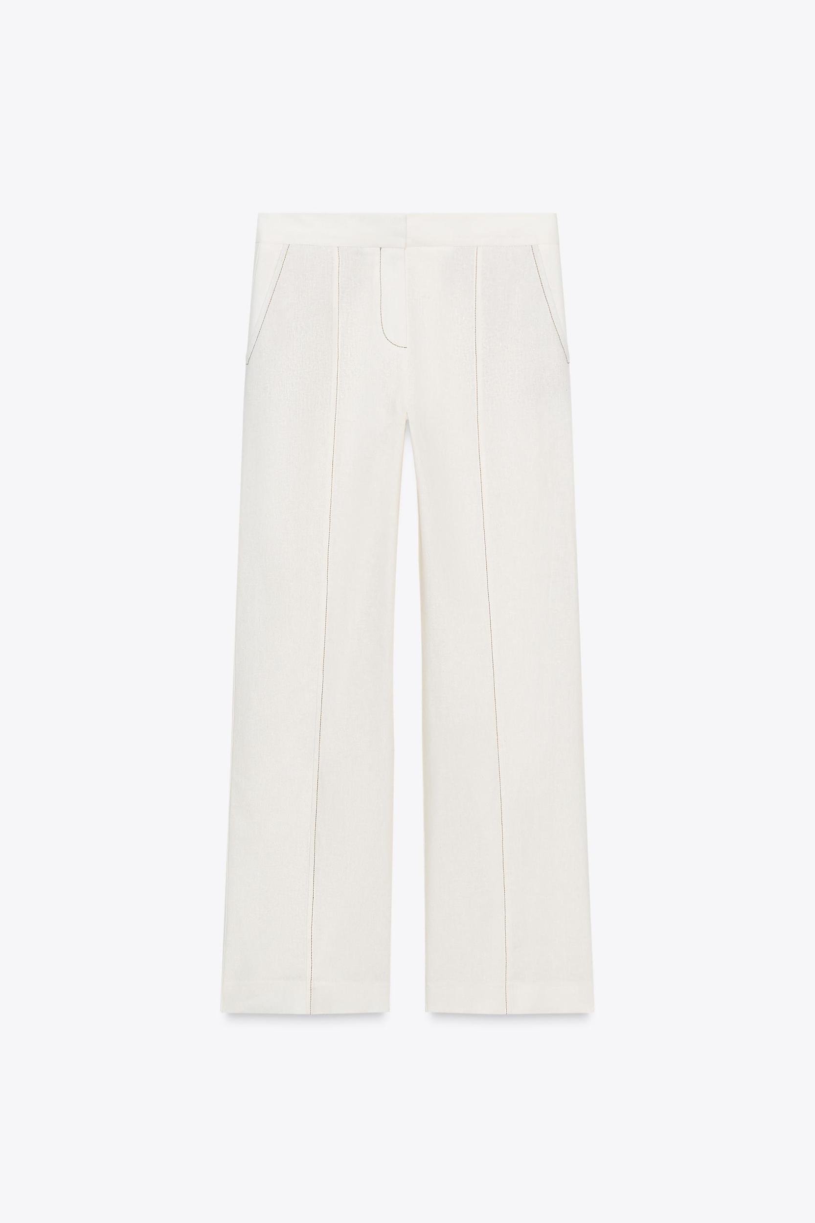 STRAIGHT LINEN PANTS WITH CONTRAST STITCHING Product Image