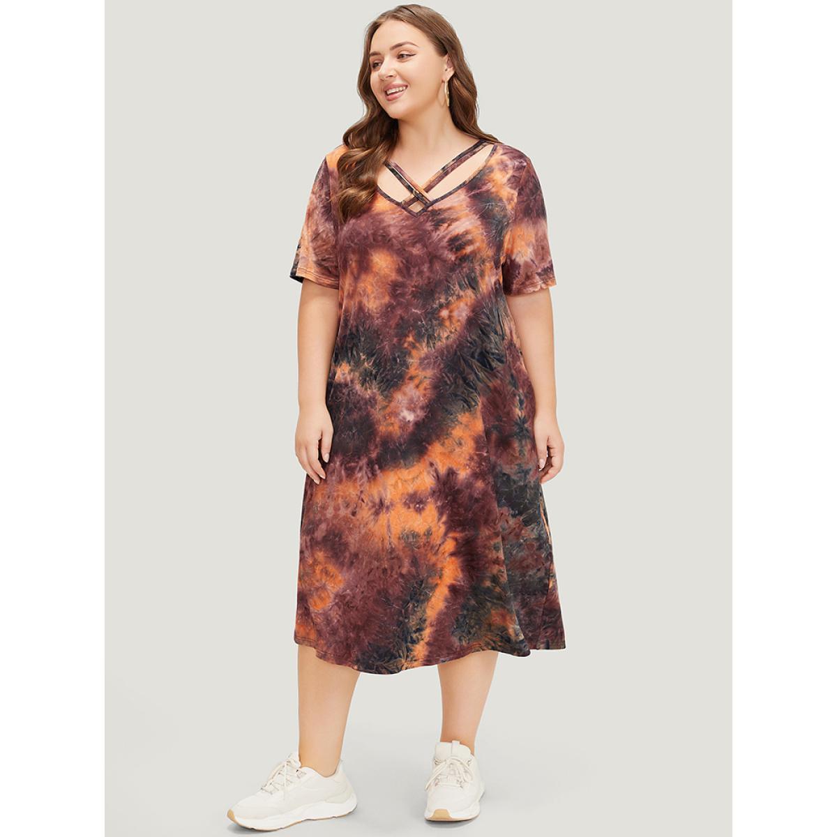 Plus Size Tie Dye Pocket Crisscross Neck Dress Multicolor Women Casual Tie Dye V-neck Short sleeve Curvy Midi Dress BloomChic 12/L Product Image