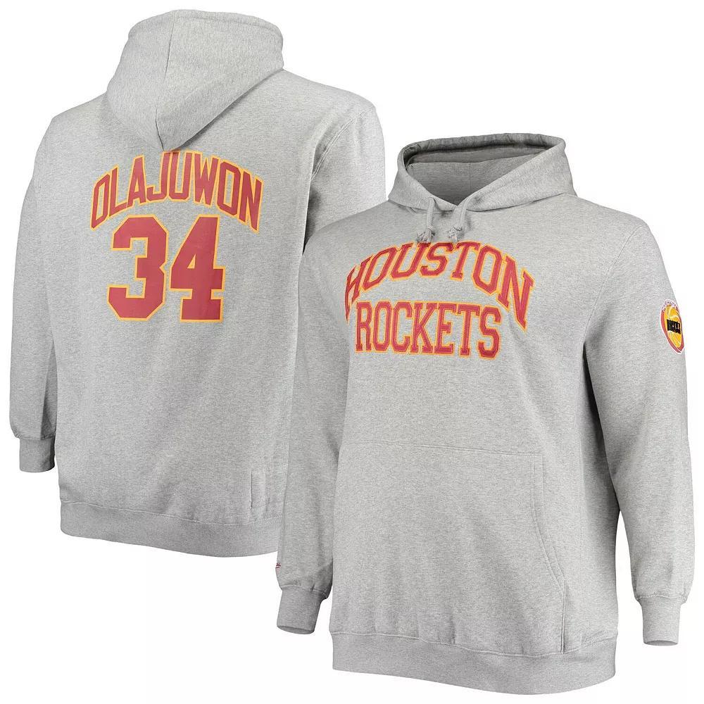 Men's Mitchell & Ness Hakeem Olajuwon Heathered Gray Houston Rockets Big & Tall Name & Number Pullover Hoodie, Size: 5XB, Grey Product Image