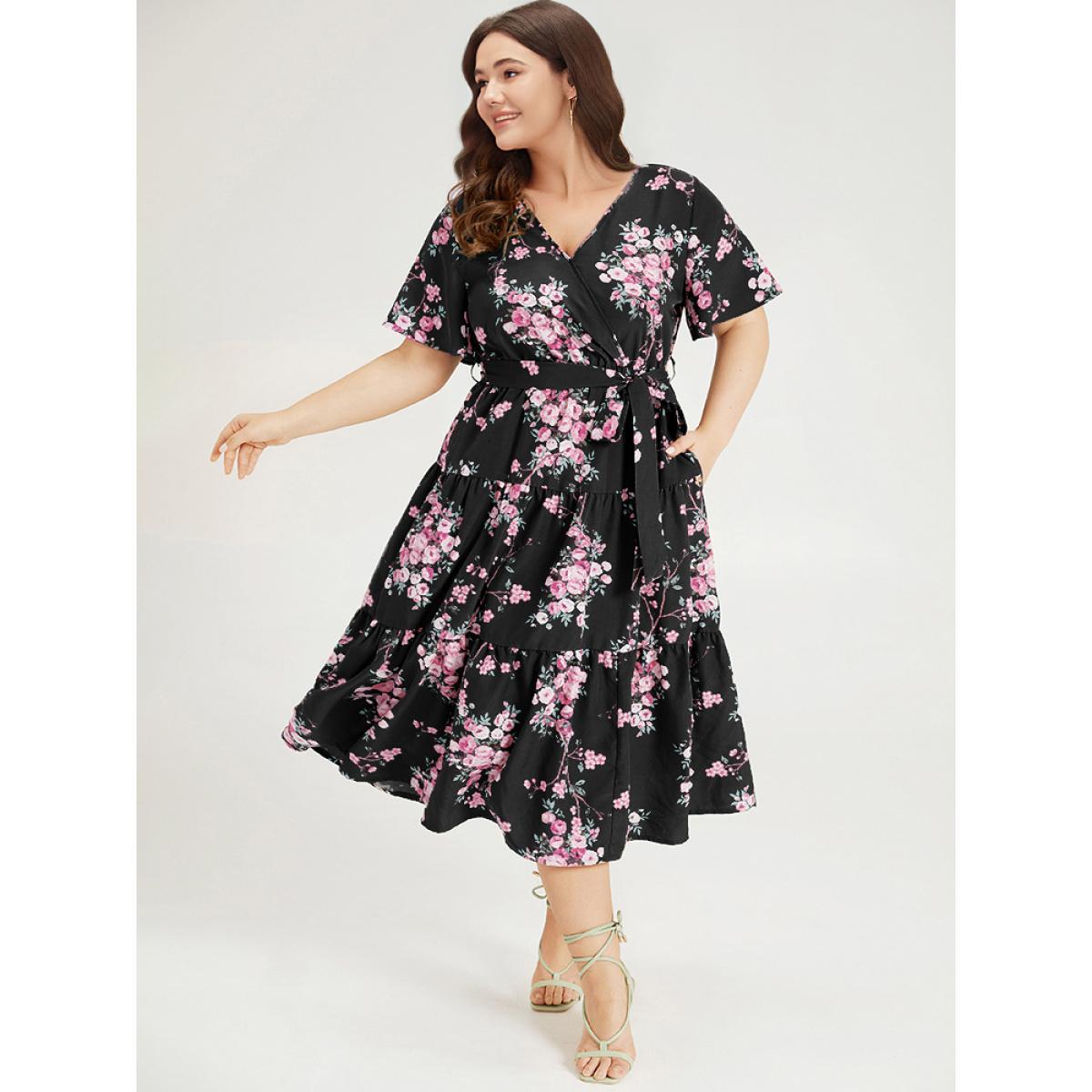 Plus Size Floral Print Wrap Belted Pocket Ruffle Hem Dress Black Women Elegant Lined V-neck Short sleeve Curvy Midi Dress BloomChic 12/L Product Image