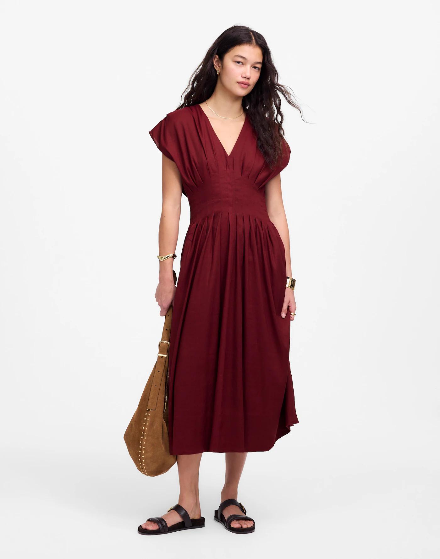 Pleated V-Neck Midi Dress Product Image