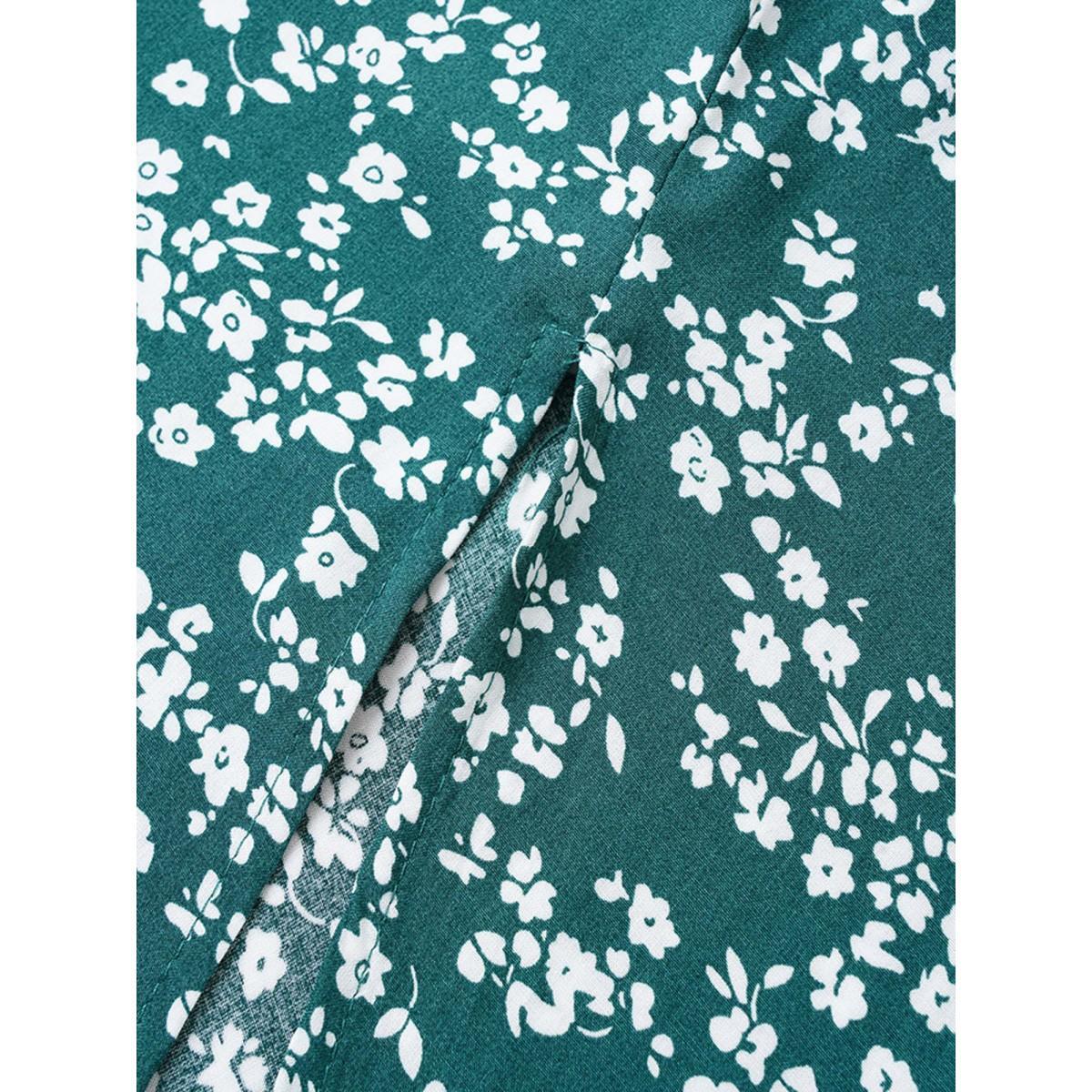 Plus Size Bloom Dress - Flutter Sleeve Ditsy Floral Pocket Split Maxi Dress LightGreen Women Romantic Slit V-neck Half Sleeve Curvy Long Dress BloomChic 10/M Product Image