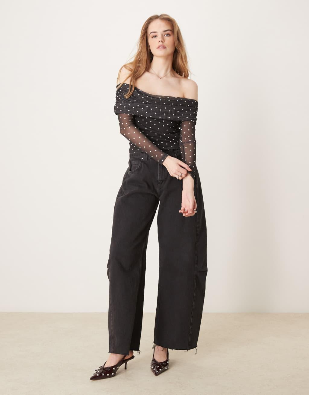 ASOS DESIGN polka dot foldover ruched off the shoulder top in black Product Image