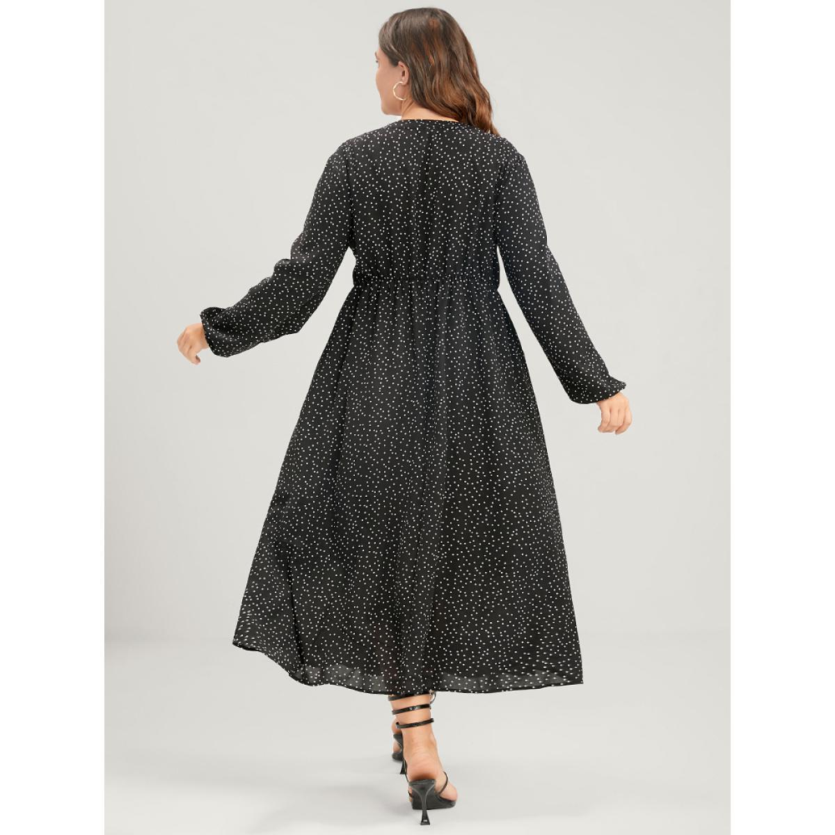 Plus Size Polka Dot Lantern Sleeve Pocket Embroidered Detail Dress Black Women Vacation Embroidered V-neck Long Sleeve Curvy Midi Dress BloomChic 12/L Product Image