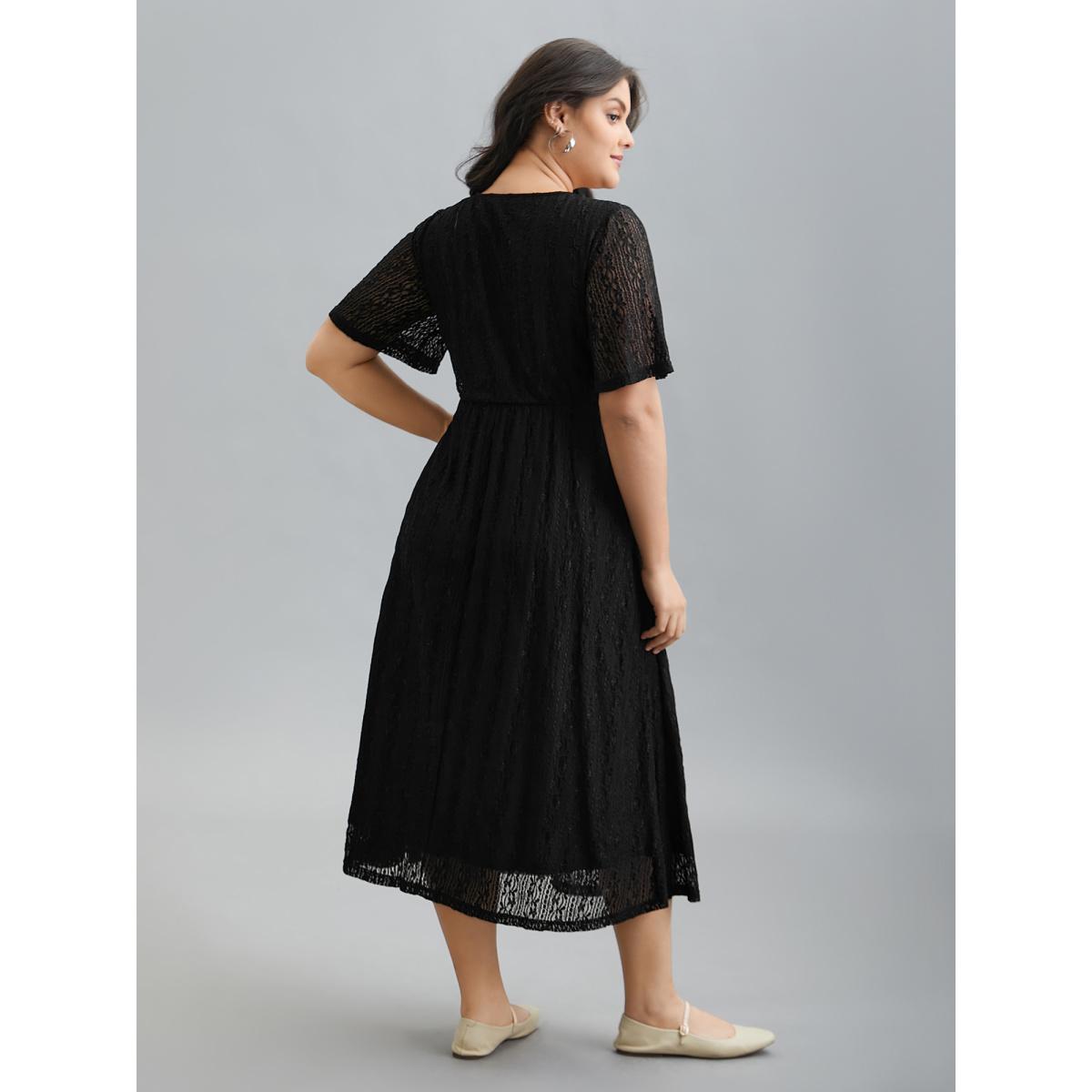 Plus Size Lace V-Neck Bow Drawstring Midi Dress Black Women Casual Tie knot Knit Dresses Bloomchic 12/L Product Image