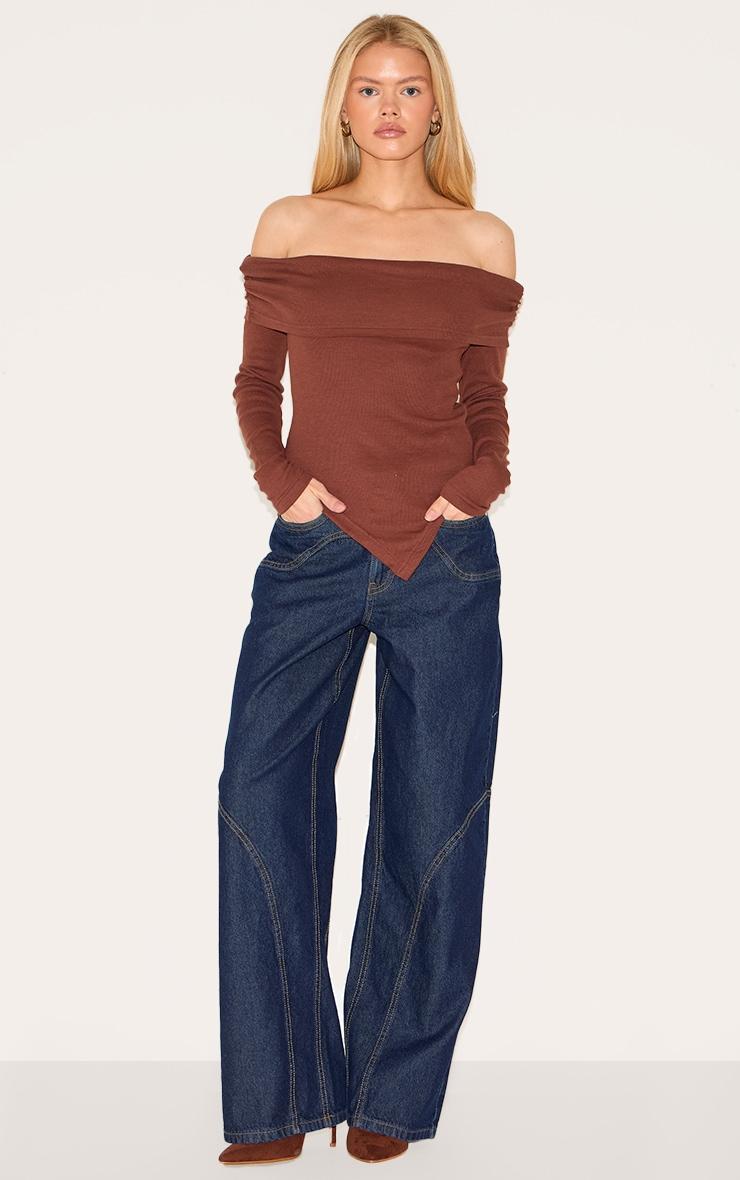 Chocolate Fold Over Bardot Dipped Hem Long Top Product Image