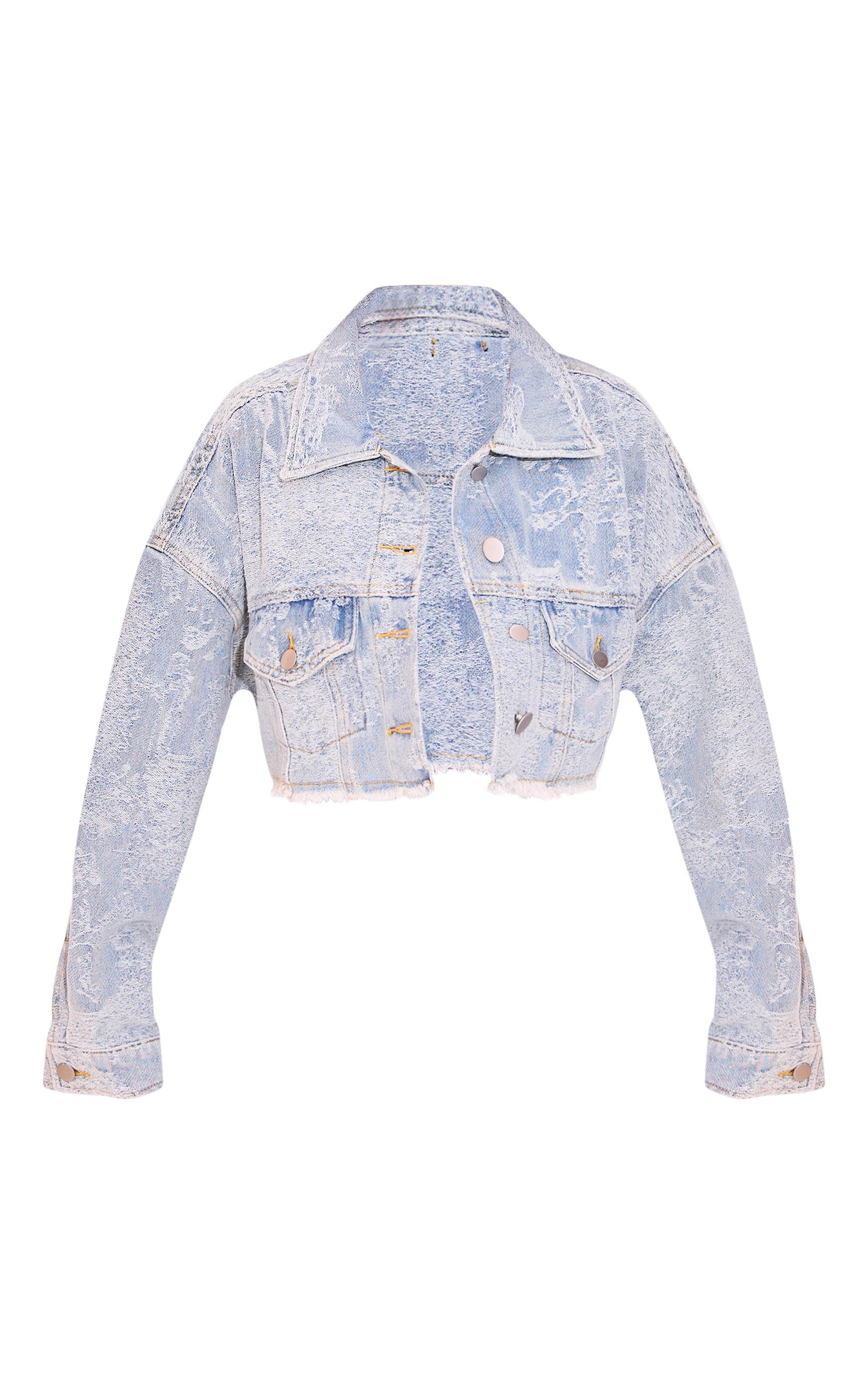 Petite Blue Jacquard Denim Cropped Jacket Product Image