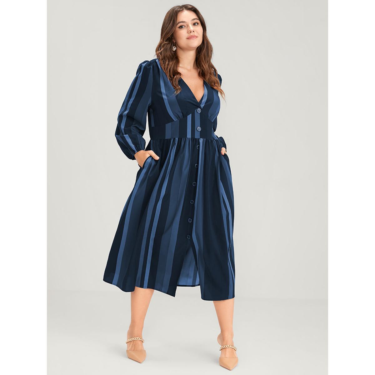 Plus Size Striped Lantern Sleeve Pocket Button Front Midi Dress Navy Women Vacation Printed V-neck Long Sleeve Curvy Midi Dress BloomChic 10/M Product Image