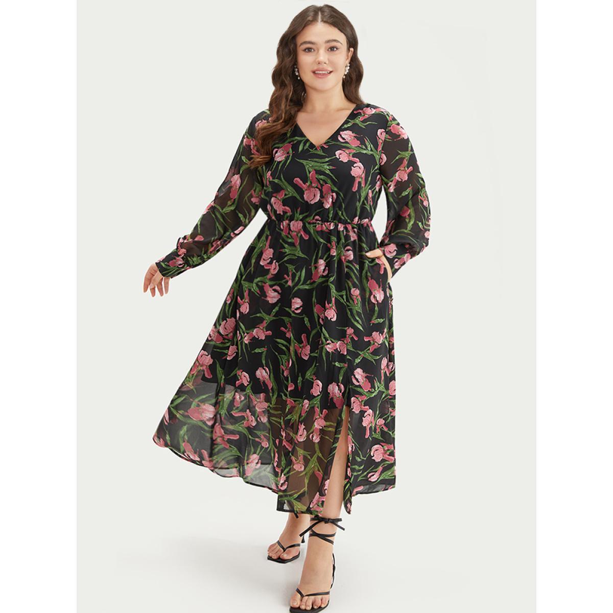 Plus Size Floral Print Chiffon Split Side Elastic Waist Dress Black Women Elegant Printed V-neck Long Sleeve Curvy Midi Dress BloomChic 12/L Product Image