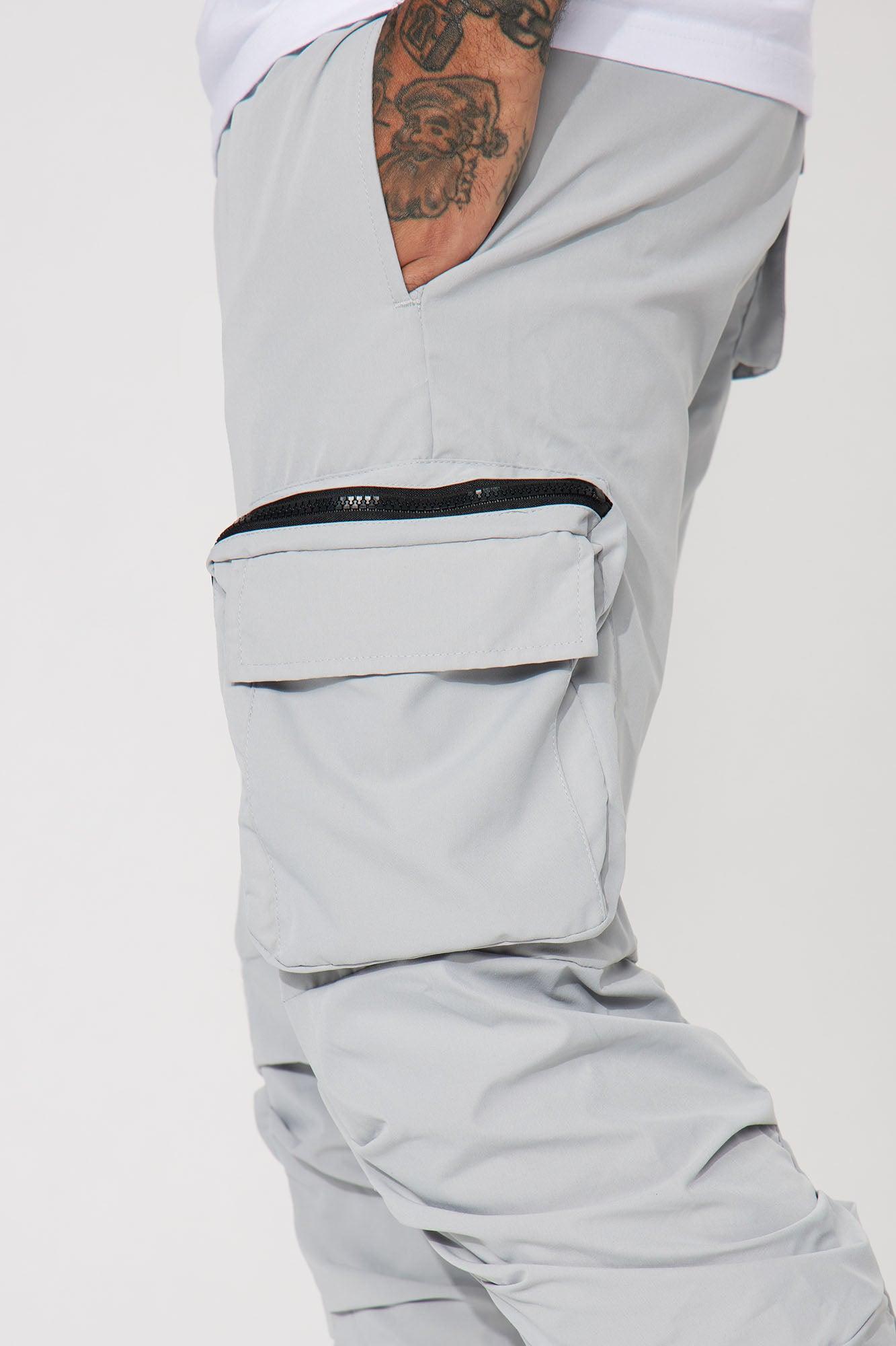 Stacked Ruched Nylon Cargo Pants - Grey Product Image