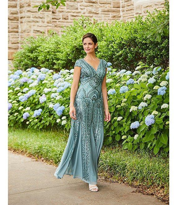 R & M Richards Cap Sleeve V-Neck Godet Insets Embroidered Sequin Dress Product Image