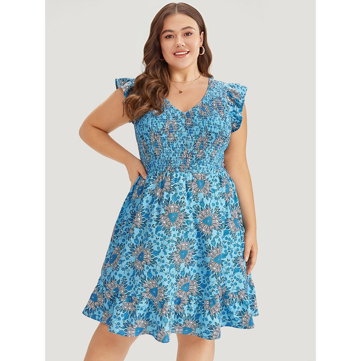 Plus Size Floral Print Shirred Ruffle Cap Sleeve Layered Hem Dress Cerulean Women Elegant Shirred V-neck Cap Sleeve Curvy Knee Dress BloomChic 26/4X Product Image