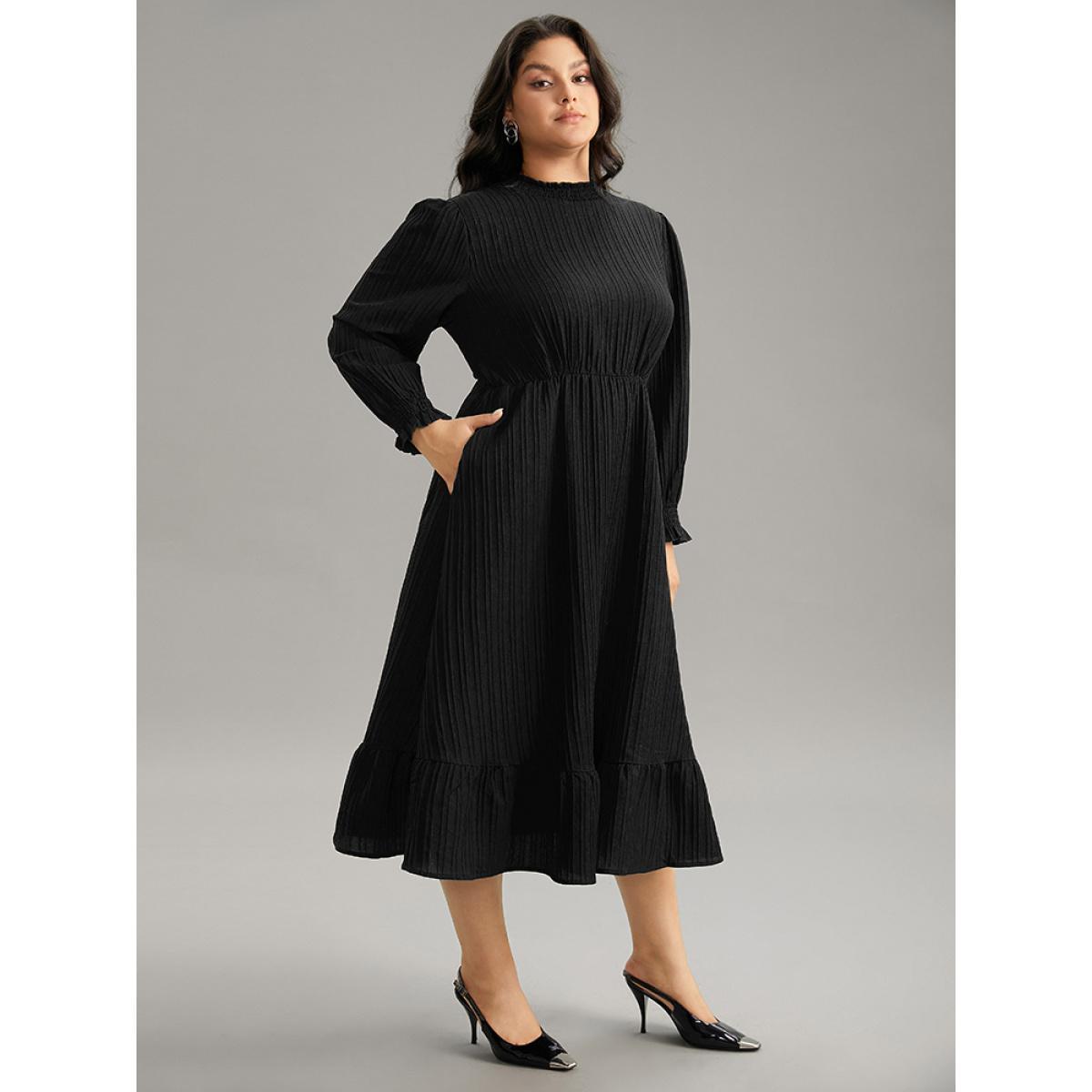 Plus Size Plain Texture Elastic Waist Frill Trim Shirred Dress Black Women Office Texture Mock Neck Long Sleeve Curvy Midi Dress BloomChic 30/6X Product Image