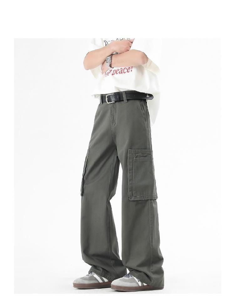 Mid Rise Plain Straight Leg Cargo Pants Product Image