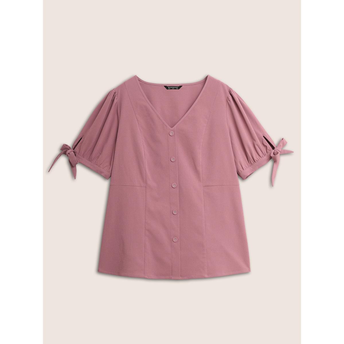 Plus Size RedViolet Stretchy Woven Tie Knot Button Detail Blouse Women Casual Half Sleeve V-neck Everyday Blouses BloomChic 18-20/2X Product Image