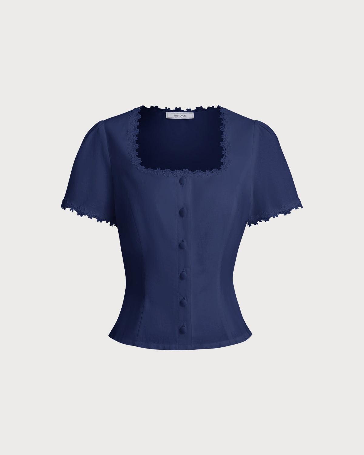 Navy Square Neck Button Blouse Product Image