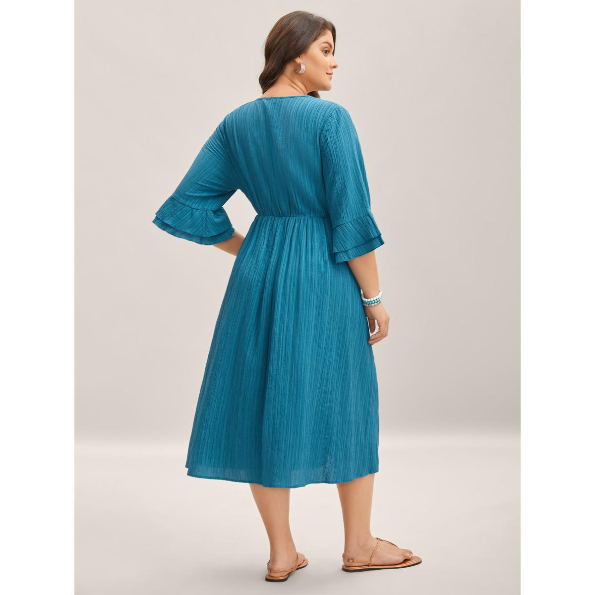 Plus Size Scalloped Lace Surplice Ruffled Midi Dress Teal Women Boho Overlap Collar Elbow-length sleeve Curvy BloomChic 10/M Product Image