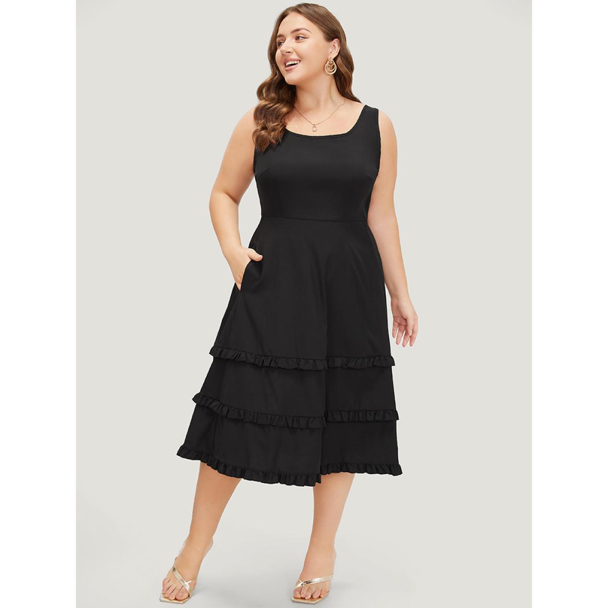 Plus Size Plain Ruffle Trim Pocket Layered Hem Tank Dress Black Women Elegant Round Neck Sleeveless Curvy Midi Dress BloomChic 26/4X Product Image