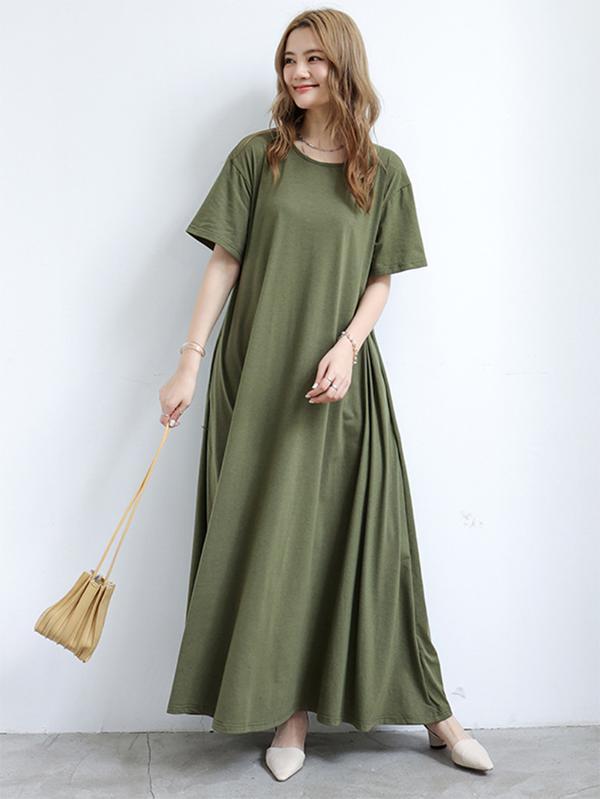 Simple Loose Short Sleeves Solid Color Round-Neck Maxi Dresses Product Image