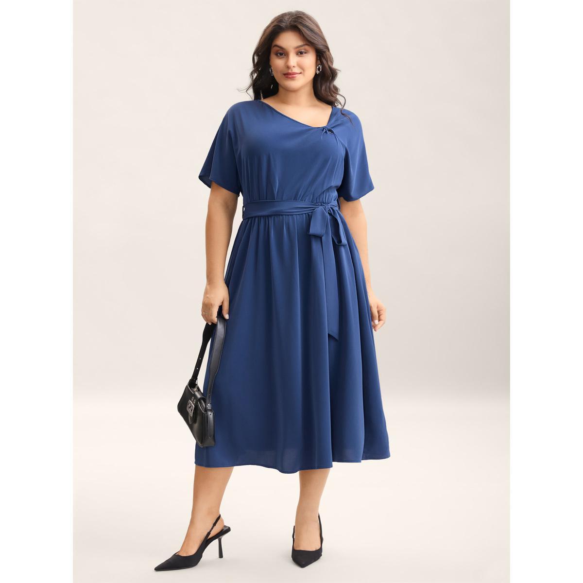 Plus Size Keyhole Belted Pockets Plain Midi Dress Mediumblue Women Asymmetrical Neck Short sleeve Curvy BloomChic 18-20/2X Product Image