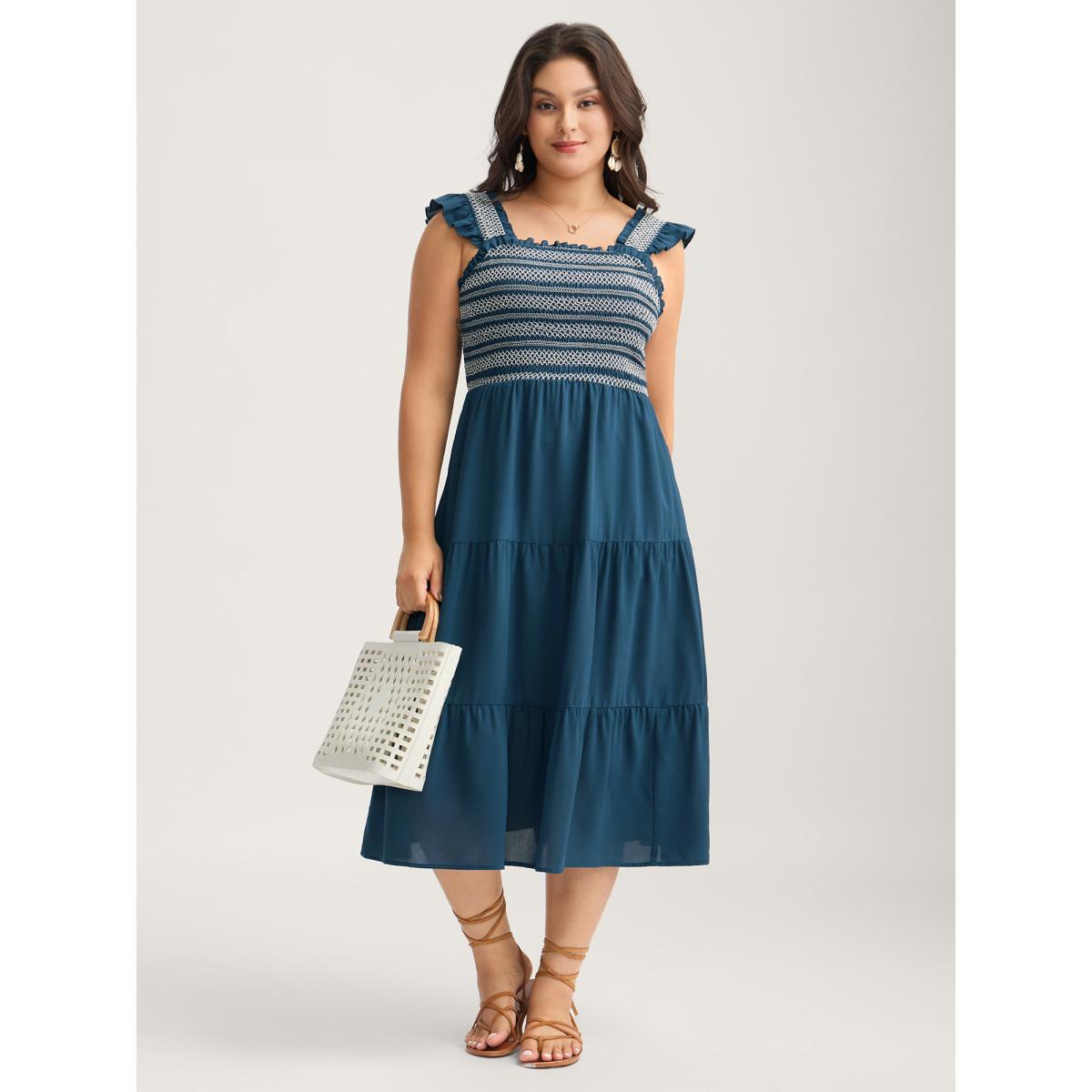 Plus Size Fancy Shirred Flutter Tiered Pockets Midi Dress Aegean Women Gathered Square Neck Sleeveless Curvy BloomChic 30/6X Product Image