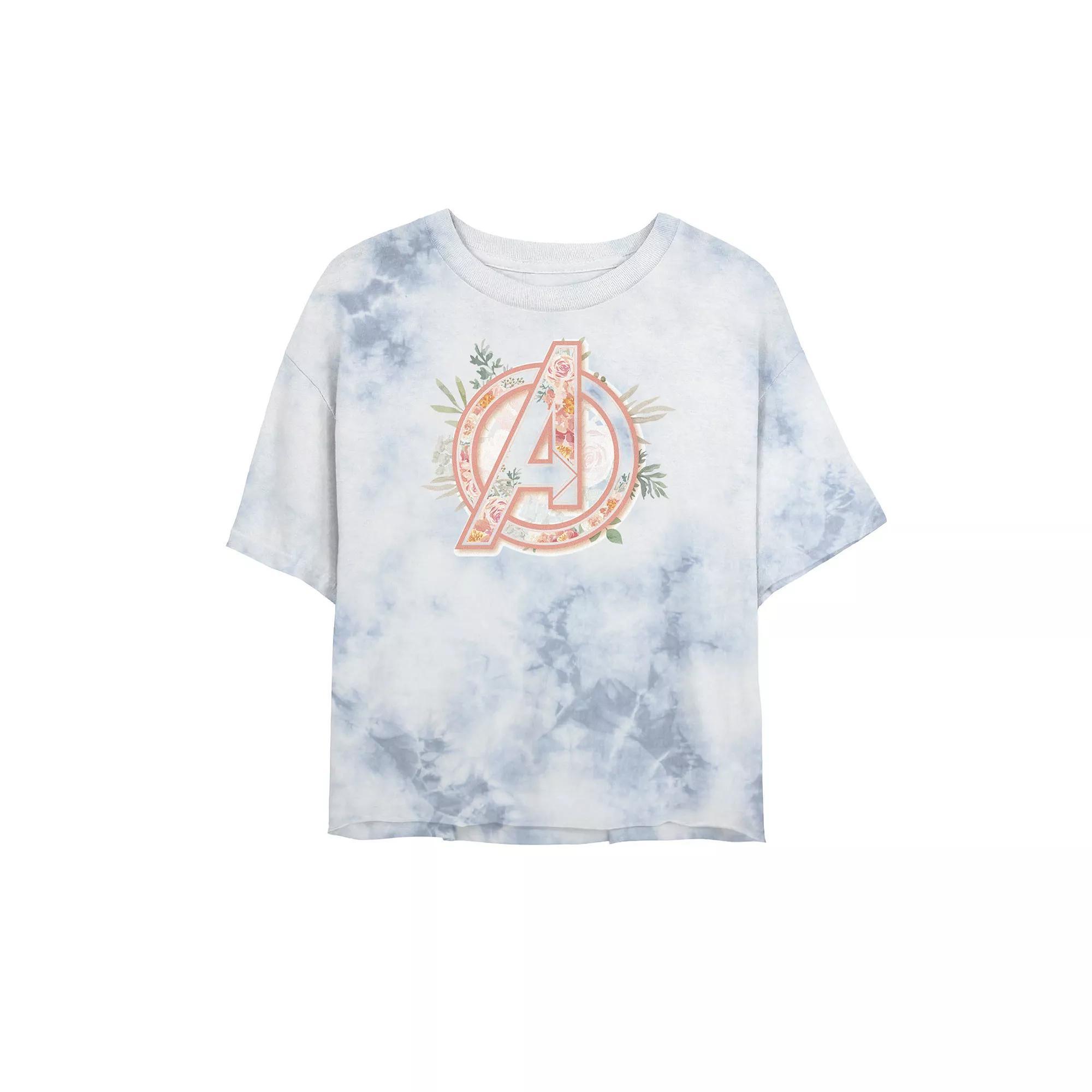 Juniors' Marvel Avengers Soft Floral Fill Logo Tee, Women's, Size: XL, White Blue Product Image