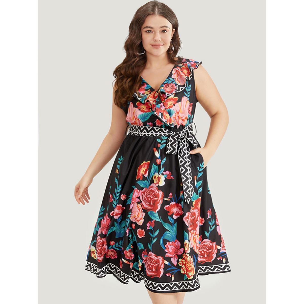 Plus Size Floral Print Surplice Neck Belted Tank Dress Black Women Vacation Belted V-neck Sleeveless Curvy Midi Dress BloomChic 30/6X Product Image
