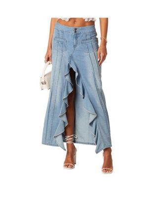 Womens Valencia Ruffle Slitted Denim Maxi Skirt Product Image