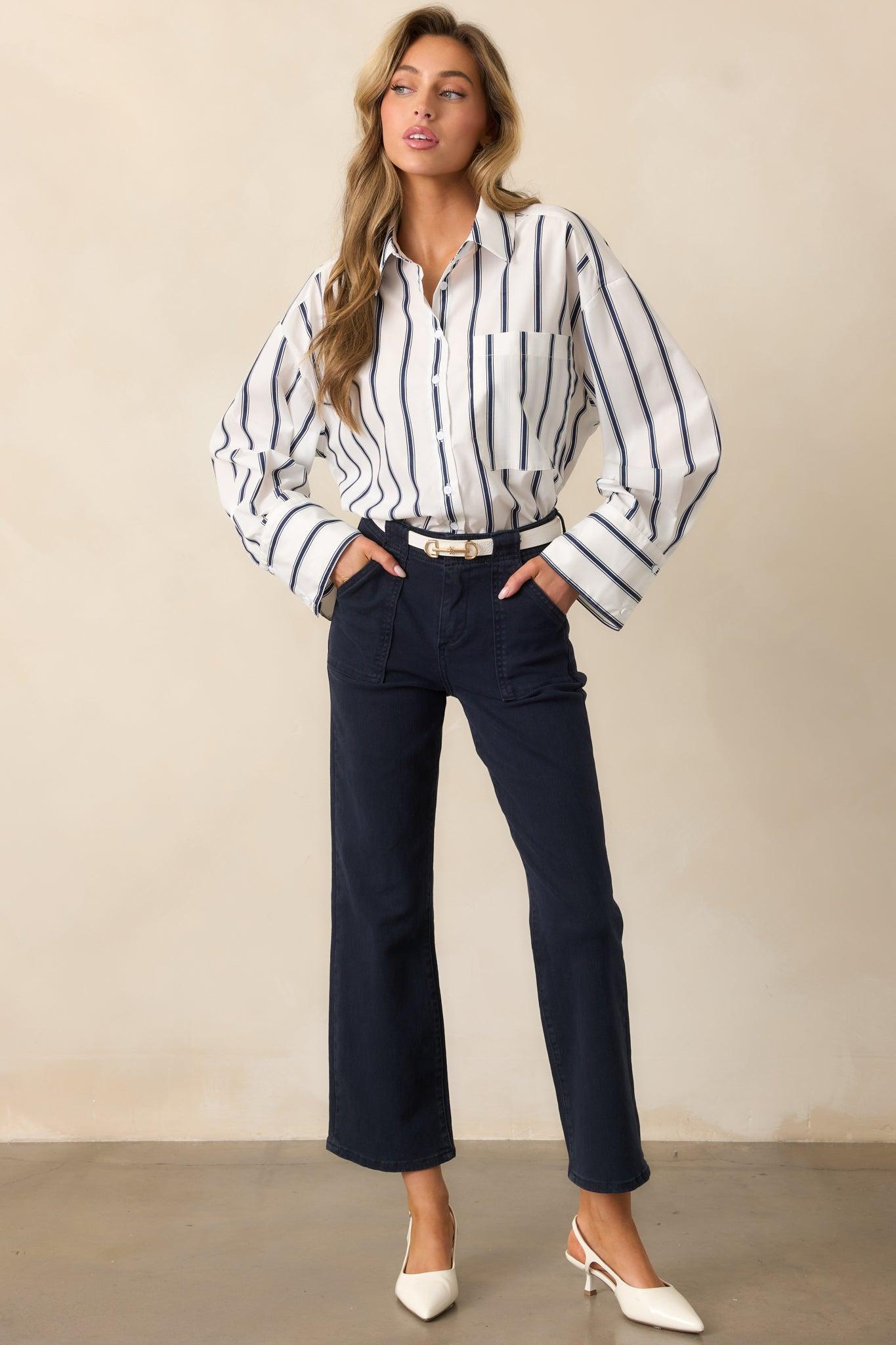 Unfinished Business Navy Stripe Button Front Top Product Image