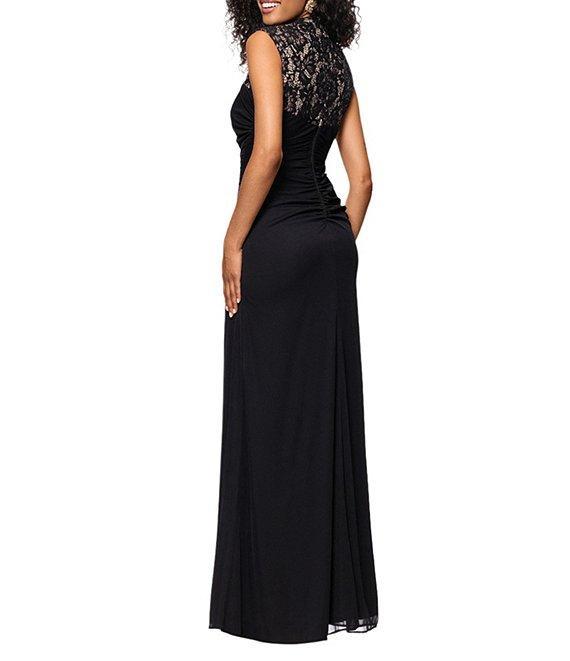 Betsy & Adam Matte Jersey Lace Mock Neck Sleeveless Ruched Sheath Gown Product Image
