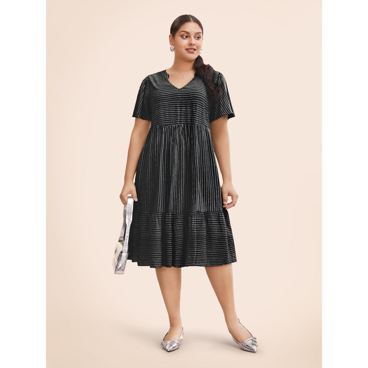 Plus Size Striped Patchwork Notched Flutter Layered Babydoll Dress Black Women Office Gathered Notched collar Short sleeve Curvy Midi Dress BloomChic 28/5X Product Image