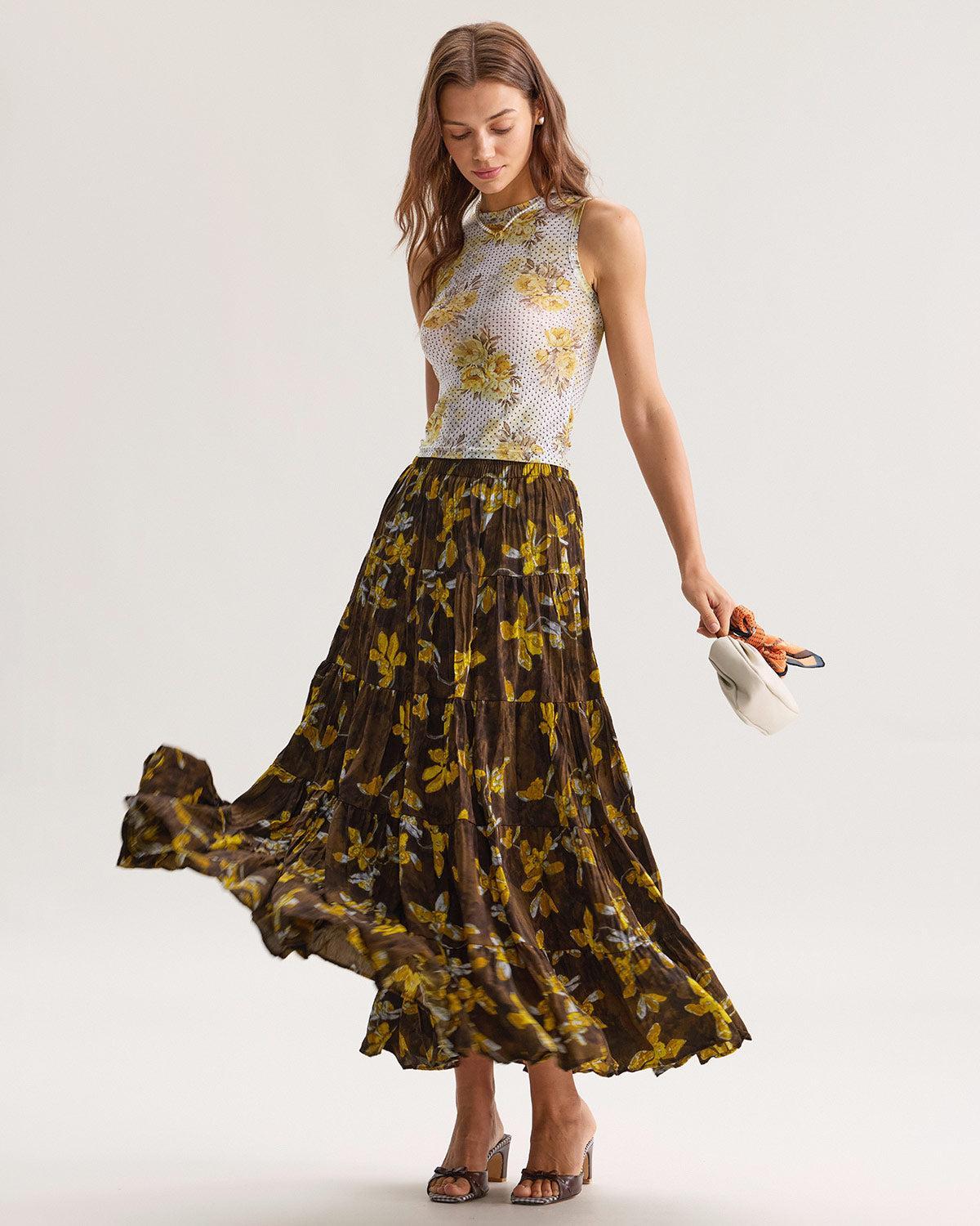 Yellow Floral Elastic Waist Midi Skirt Product Image