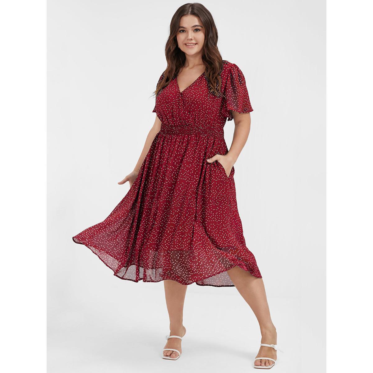 Polka Dot Button Pocket Shirred Ruffles Wrap Dress Product Image