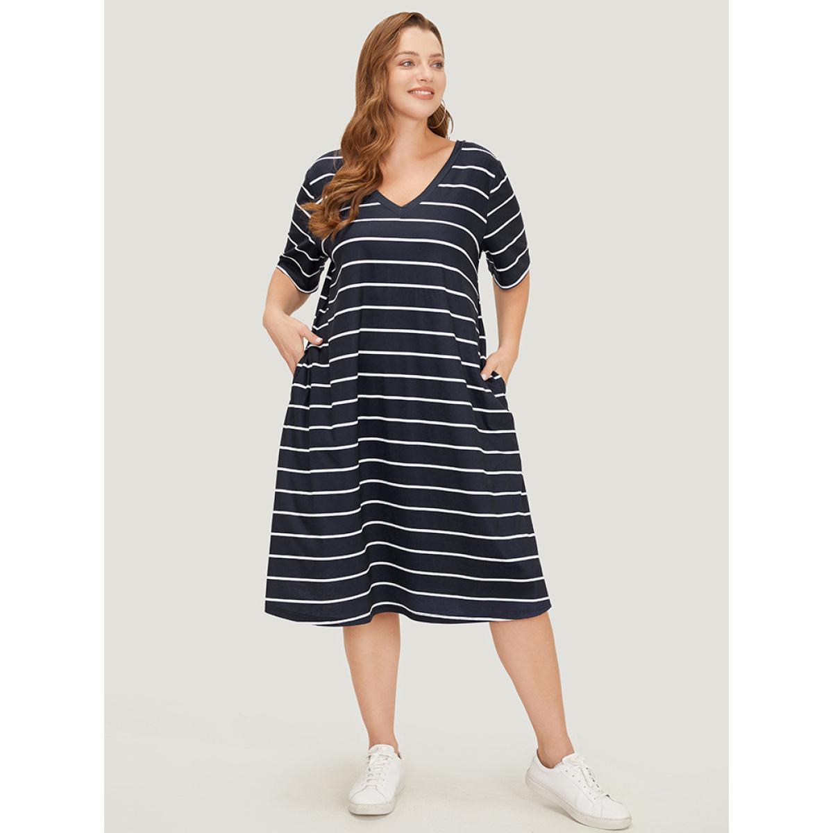 Plus Size Striped Print Pocket Flutter Crossover Back Dress DarkBlue Women Casual Cross straps V-neck Short sleeve Curvy Midi Dress BloomChic 10/M Product Image
