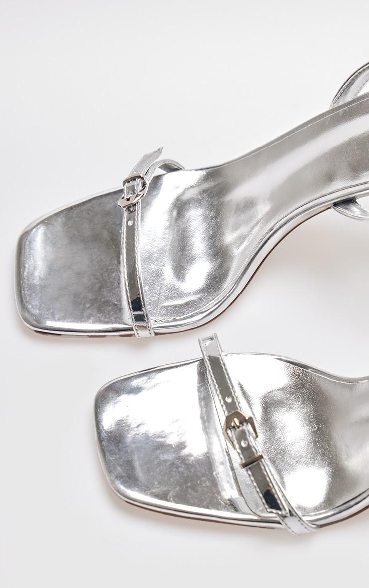 Silver Metallic PU Square Toe Barely There Buckle Heel Sandals Product Image